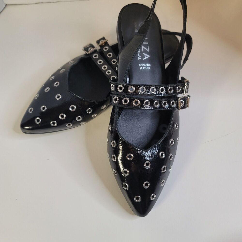 Cruza Black Patent Studded Slingback Flats Grommet Strappy Pointed Leather sz 7